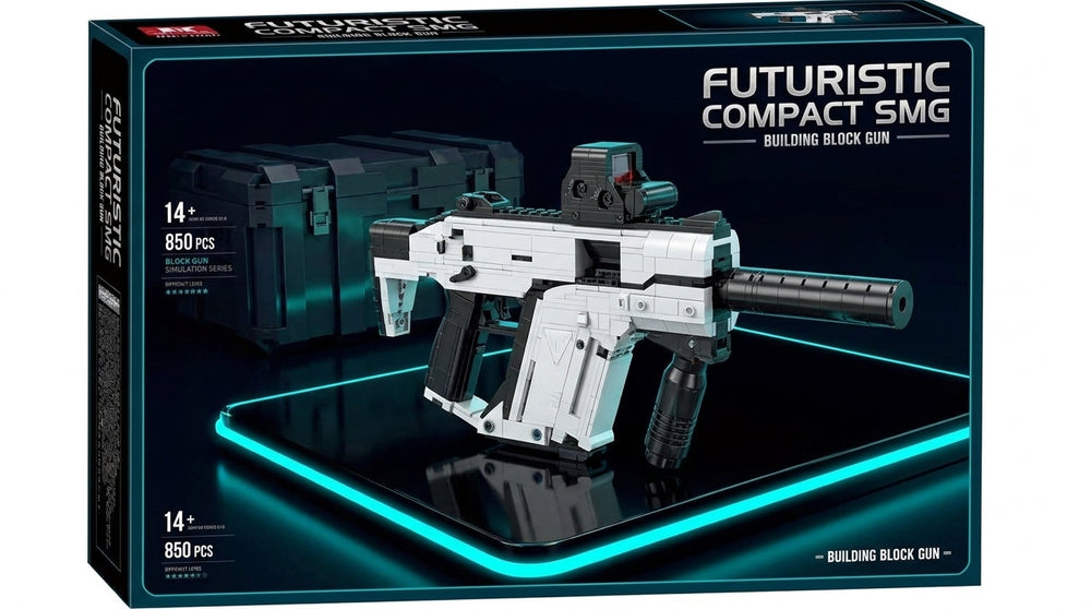 Futuristic Compact SMG brick kit box, white and black model with optic and suppressor, 850 pieces, age 14+