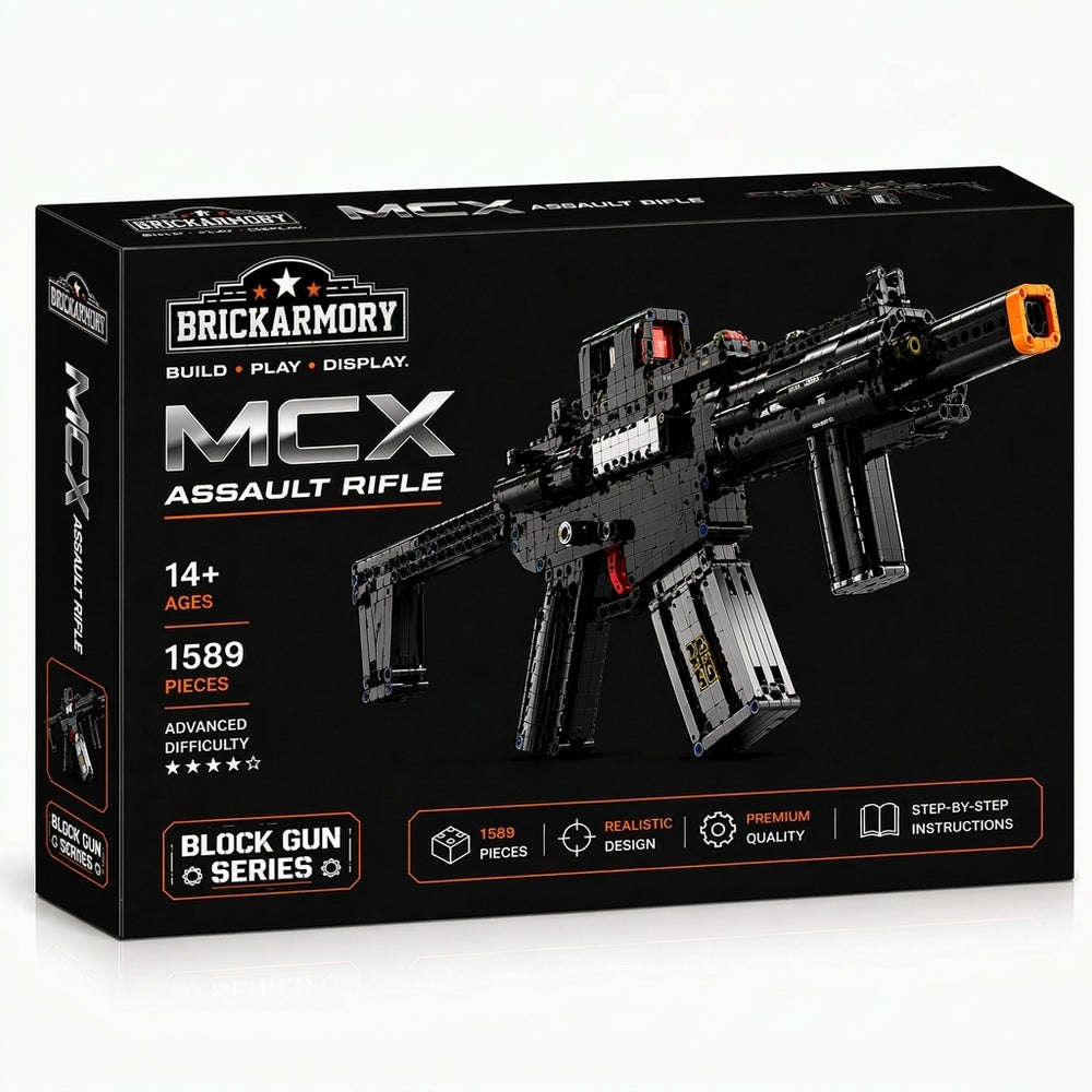 Modular Assault Rifle brick kit box, black rifle model with orange muzzle cap, 1589 pieces, age 14+