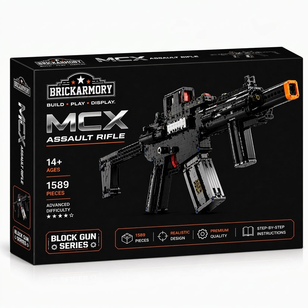 Modular Assault Rifle brick kit box, black rifle model with orange muzzle cap, 1589 pieces, age 14+