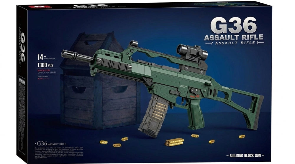 Compact Green Rifle brick kit box, green rifle model with carry-handle optic and translucent magazine, 1300 pieces, age 14+