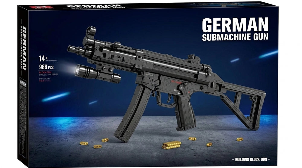 Classic Compact SMG brick kit box, black model with curved magazine, light and folding stock, 986 pieces, age 14+