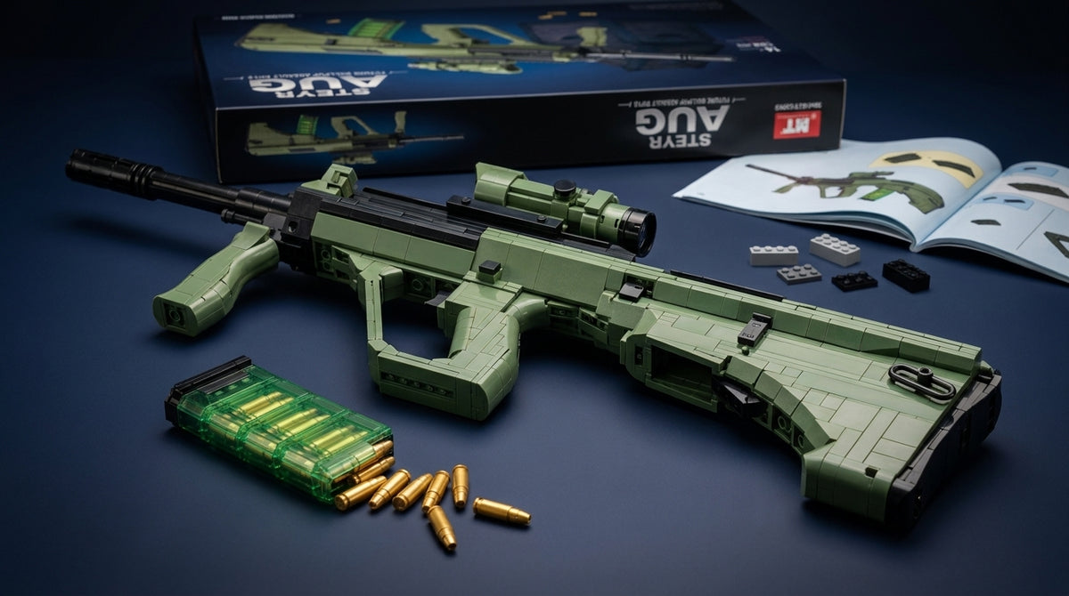 Olive Bullpup Rifle brick model in olive green with clear magazine and integrated optic, manual beside it