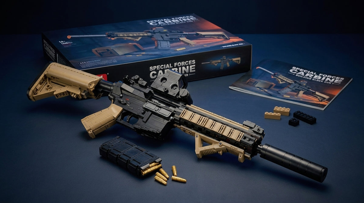 Suppressed Special Carbine brick model in black and tan with long suppressor, box and manual behind