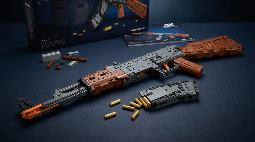 Classic Wood-Stock Rifle brick model with wood-tone stock and grey receiver, detachable magazine beside it
