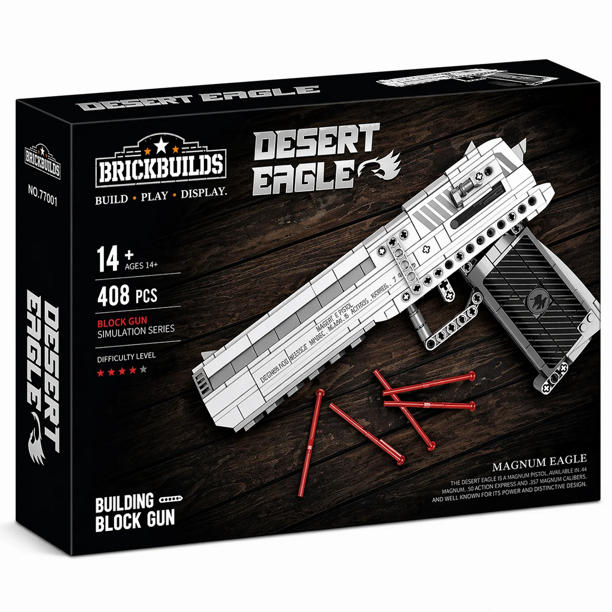 Silver Large-Frame Pistol brick kit box, light-grey pistol model, 408 pieces, age 14+