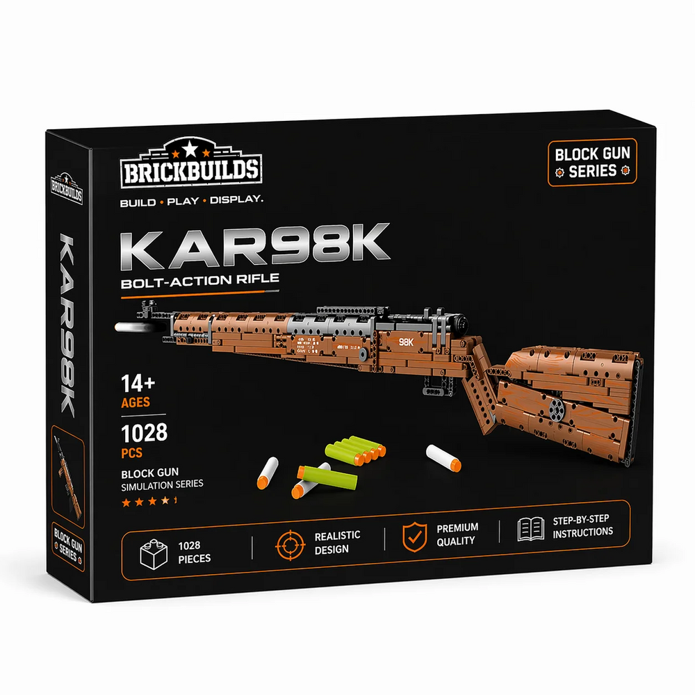 Honey-Wood Bolt-Action Rifle brick kit box, wood-tone rifle model, 1028 pieces, age 14+