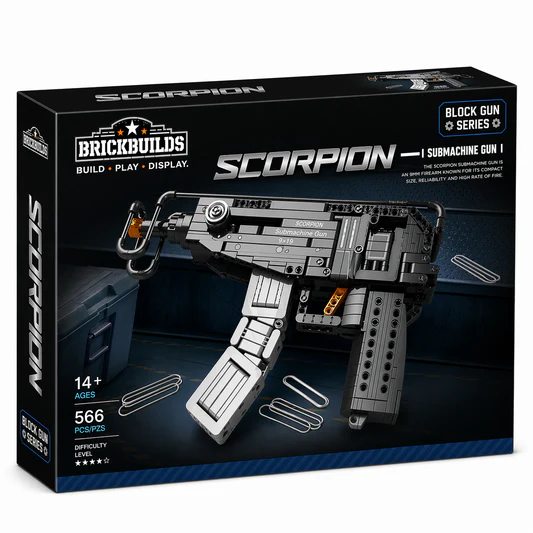 Wire-Stock Compact SMG brick kit box, dark grey model with folded wire stock, 566 pieces, age 14+