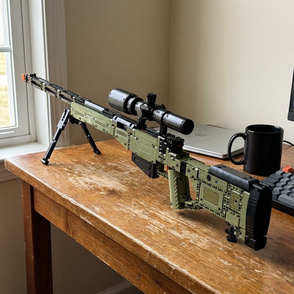 Olive Bolt-Action Sniper on a wooden desk, bipod down and scope mounted