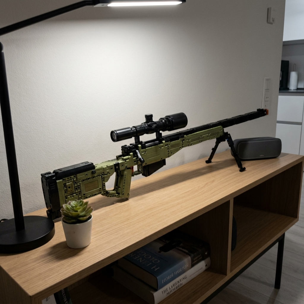 Olive Bolt-Action Sniper displayed on a light wood shelf