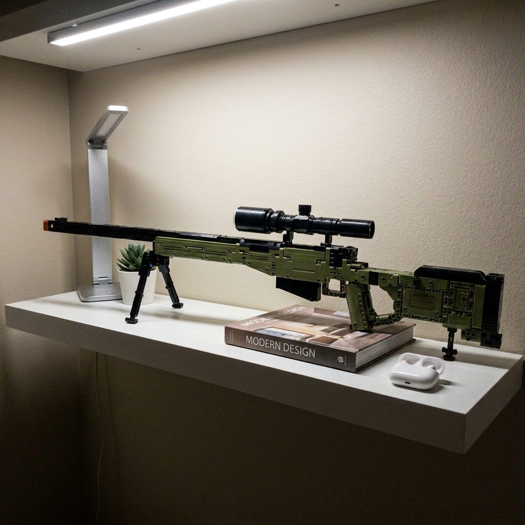 Olive Bolt-Action Sniper on a lit wall shelf