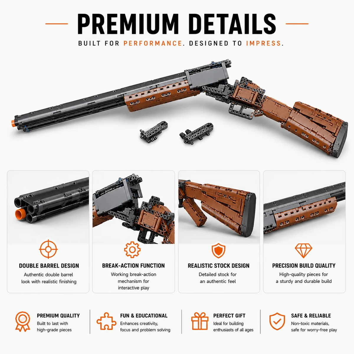 Full-Length Double-Barrel Shotgun brick model in black and wood-tone bricks — feature breakdown