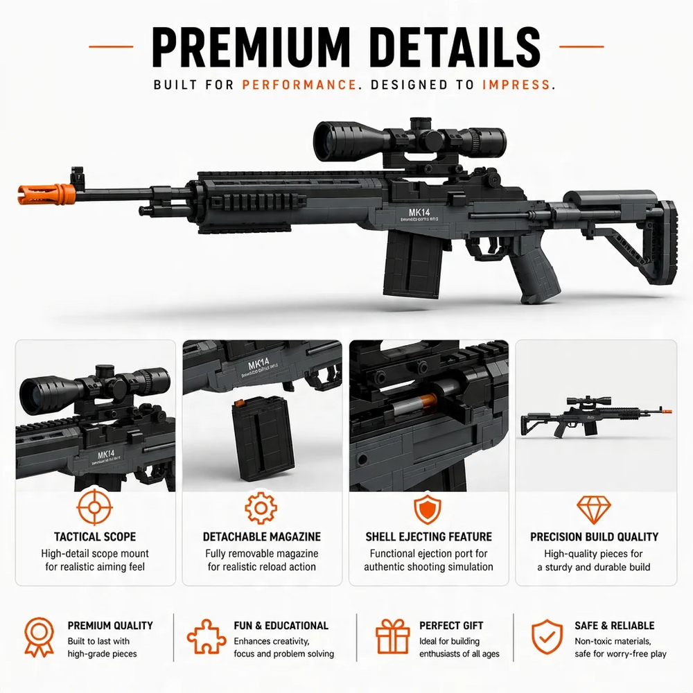 Scoped Battle Rifle brick model in black bricks with full-length scope — feature breakdown