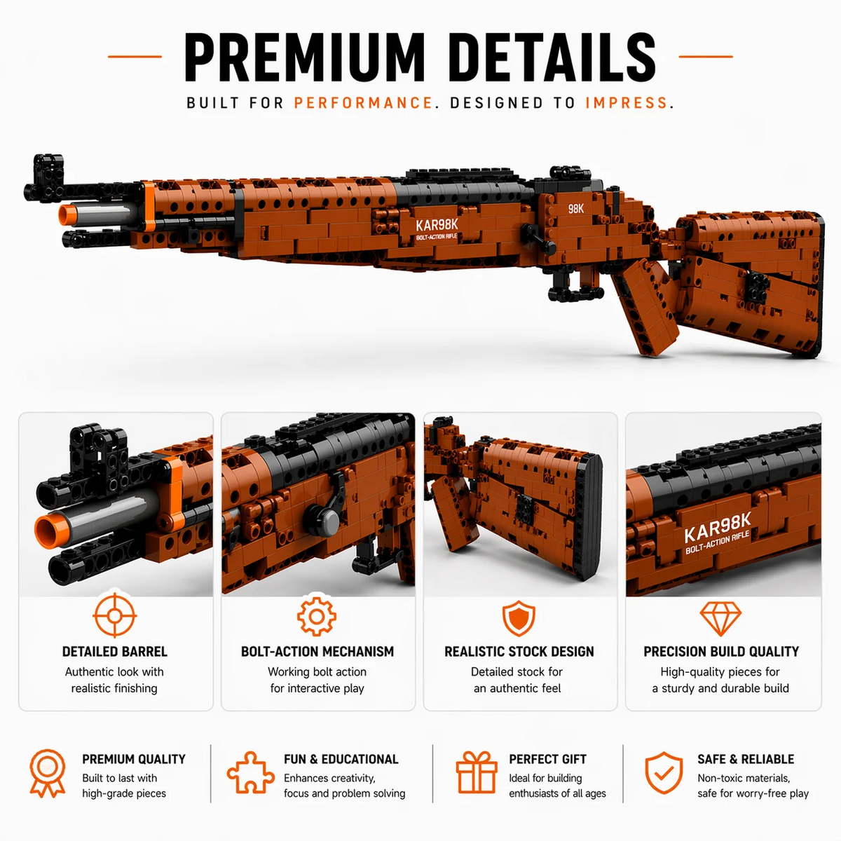 Honey-Wood Bolt-Action Rifle — feature breakdown with detail close-ups