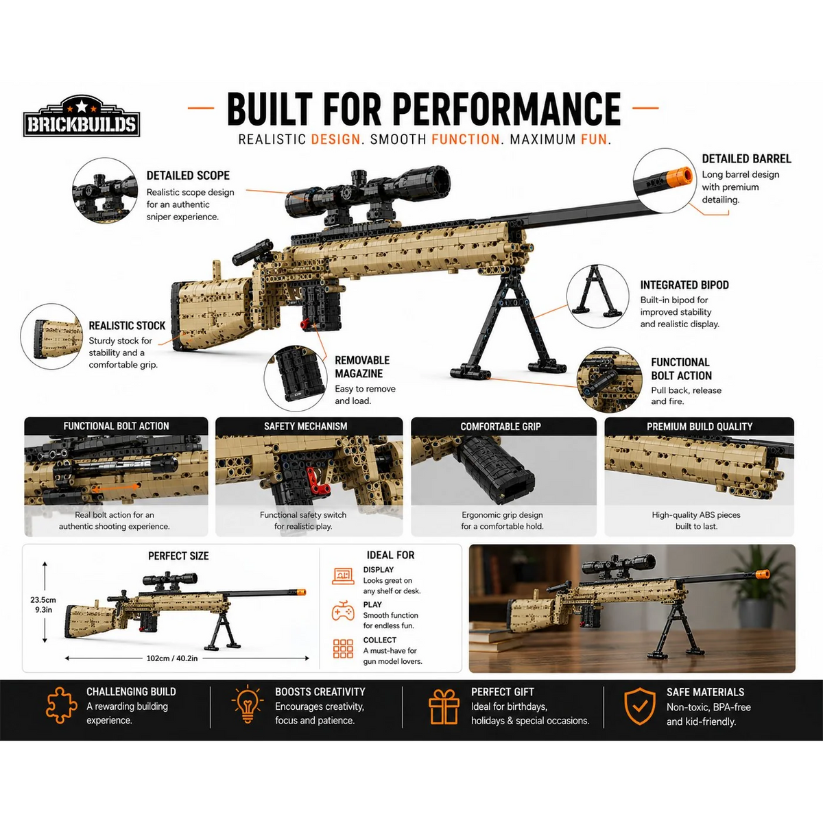 Desert Tan Bolt-Action Sniper — detail close-ups and size, 102 × 23.5 cm