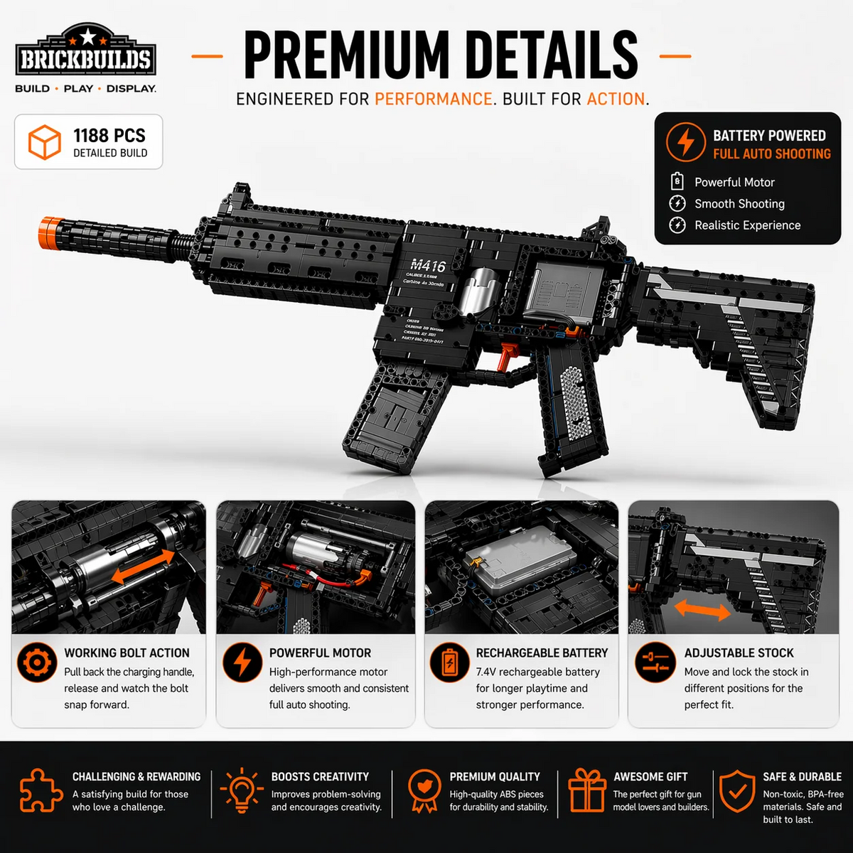 Long-Rail Black Carbine brick model in matte black bricks — feature breakdown