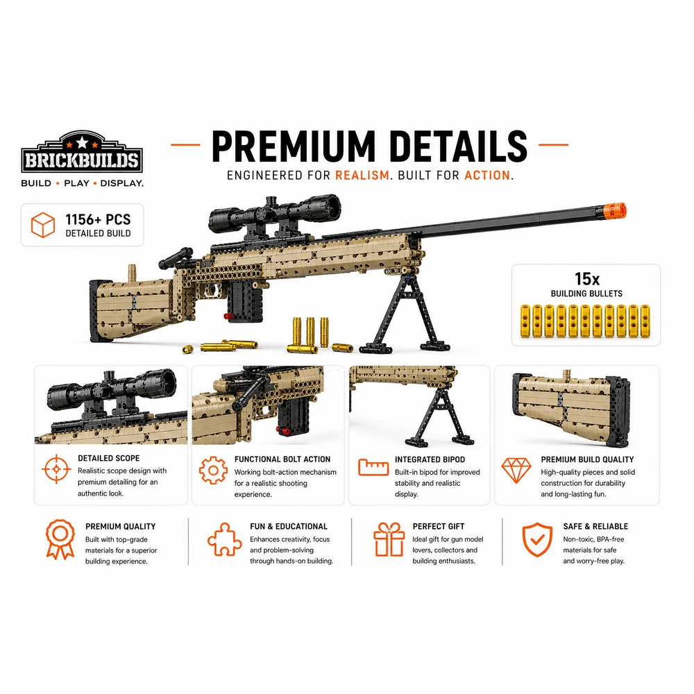 Desert Tan Bolt-Action Sniper brick model with scope and bipod — feature breakdown, 1156+ pieces