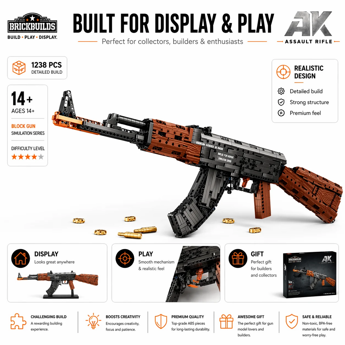Classic Wood-Stock Rifle — built for display overview, 1238 pieces